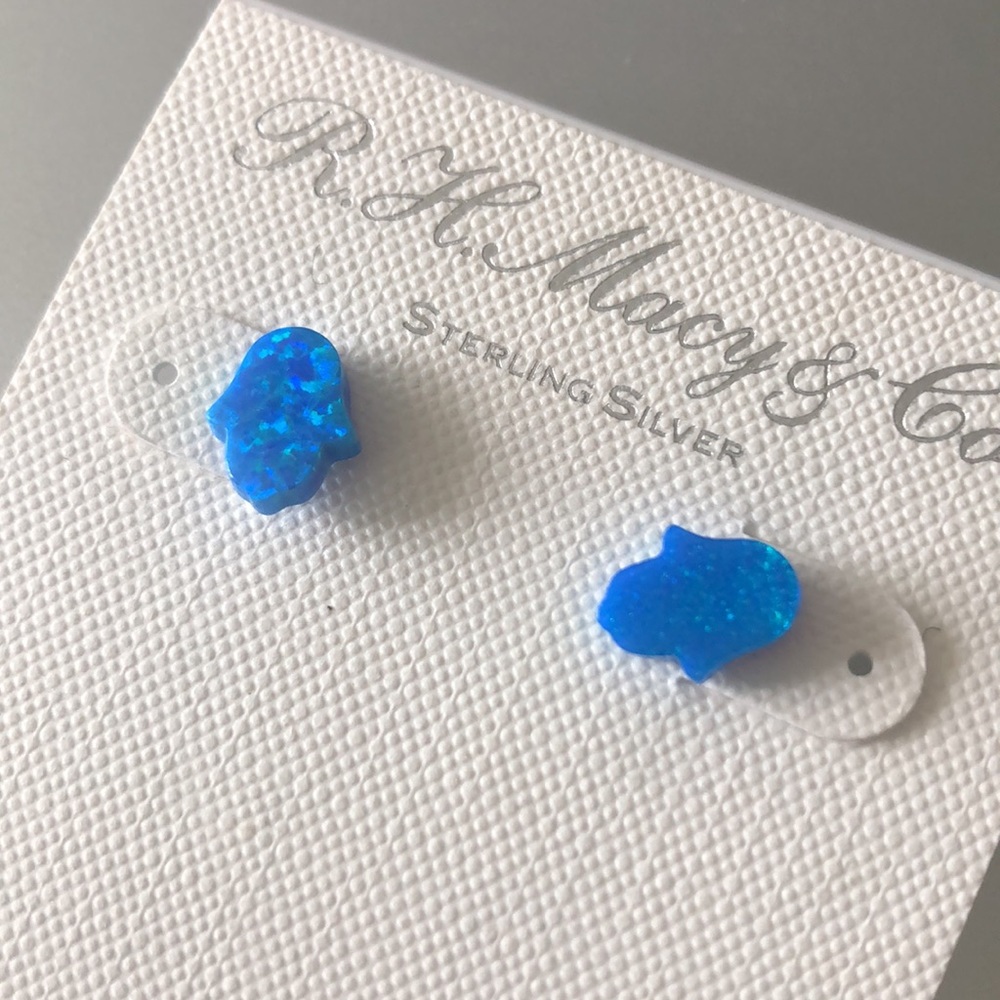 Nano Sterling Silver 925 Blue Lab Created Opal Hamsa Hand Stud Earrings - Picture 2 of 8